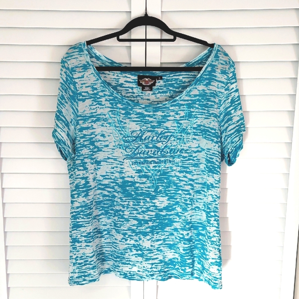 Harley Davidson Top, Size 1W, Turquoise Blue & White, Wide Scoop Neck, Cotton
